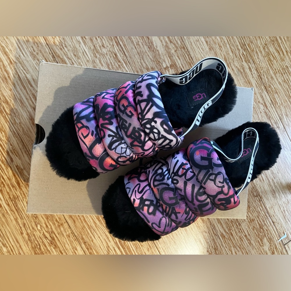 Pink purple black “ Puff Yeah Graffiti” platform Ugg slides w/ sling strap - Picture 2 of 8